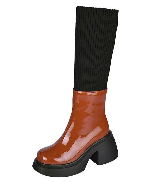 New Orange Faux Leather Splicing Chunky Heel Boots Discount - Image 5