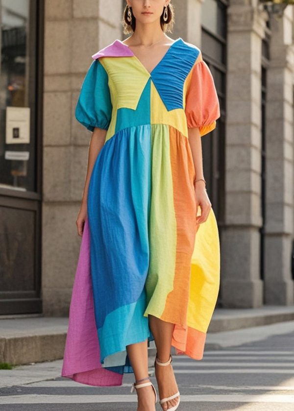 Women Colorblock Asymmetrical Patchwork Wrinkled Cotton Vacation Dresses Summer For Cheap - Image 5