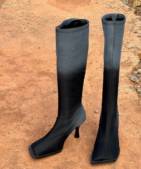 Grey Gradient Faux Leather Splicing Original Design High Heels Boots Sale - Image 2