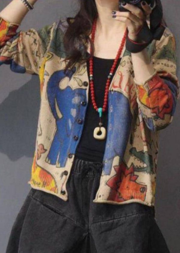 Vintage Coffee V Neck Print Button Knit Cardigan Spring Online Hot Sale - Image 3