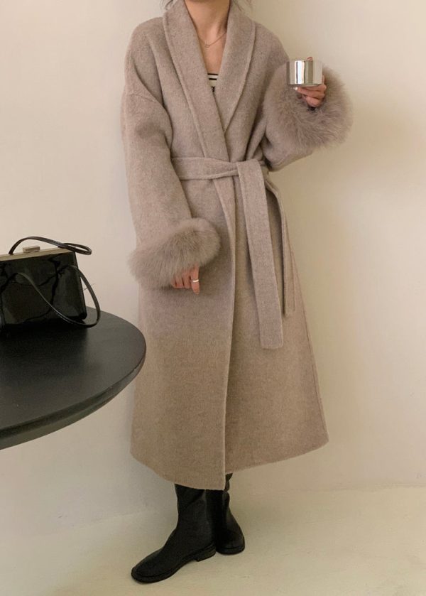 Fashion Grey Fox Fur Patchwork Woolen Duster Coat Winter For Cheap - Image 4