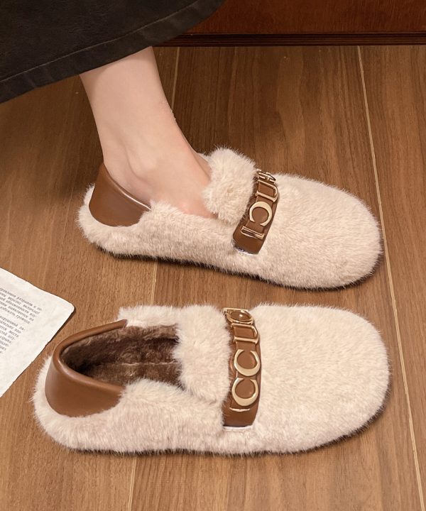 New Fuzzy Wool Lined Splicing Penny Loafers Beige Sale