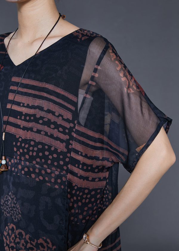 Fashion Black Oversized Print Chiffon Long Dress Summer Online Hot Sale - Image 5
