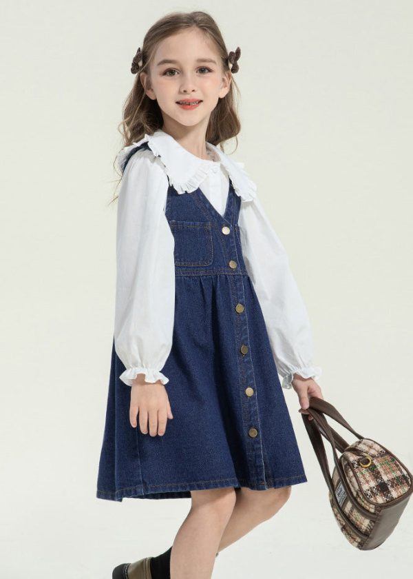 Stylish Peter Pan Collar Button Kids Long Dress And Shirts Two Pieces Set Spring Online Hot Sale - Image 4