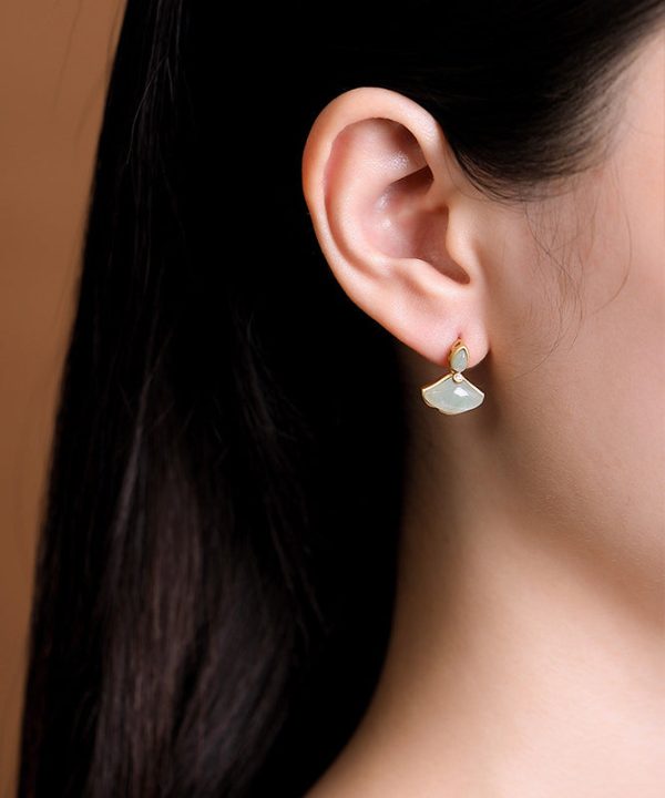 Original Design Cyan Sterling Silver Overgild Zircon Jade Ginkgo Leaf Stud Earrings Sale - Image 2