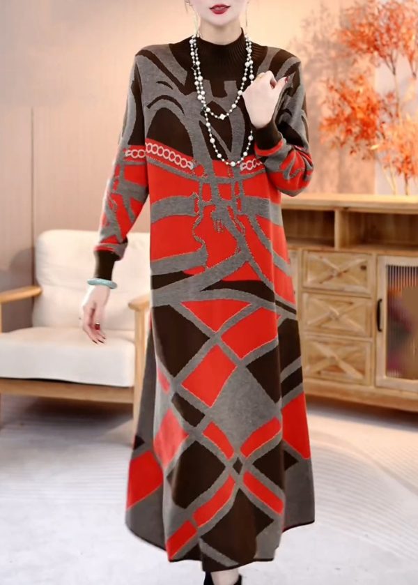 Chic Grey Turtleneck Patchwork Knit Sweater Dress Winter For Sale
