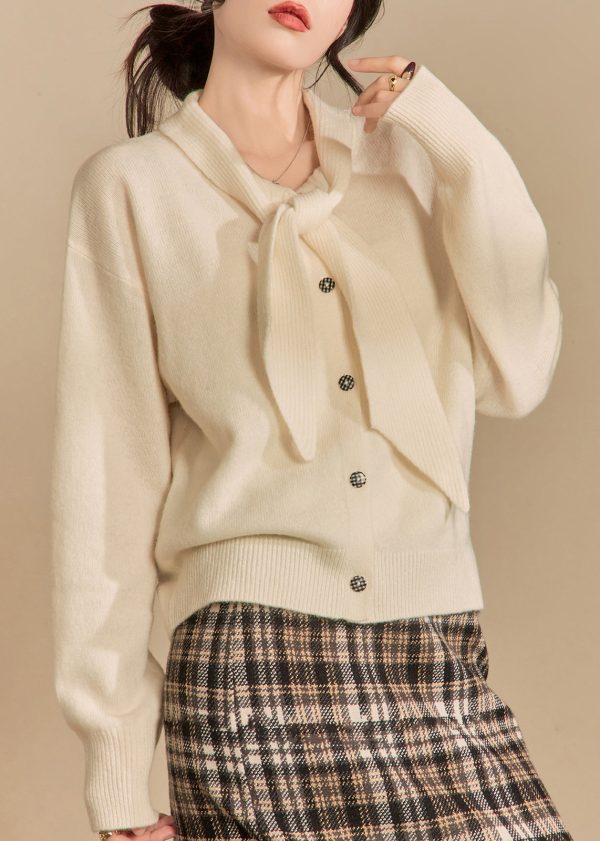 Women Beige Bow Button Solid Knit Sweaters Winter Online Hot Sale - Image 2