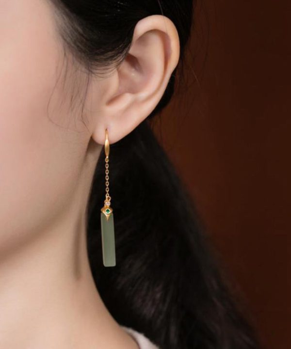 Skinny Gold Sterling Silver Overgild Jade Rectangular Drop Earrings Discount - Image 2