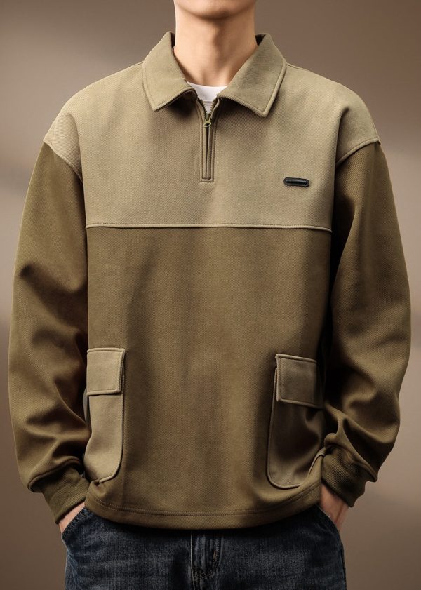 Vintage Olive Green Zip Up Pockets Patchwork Cotton Mens Sweatshirt Spring Hot on Sale - Image 3