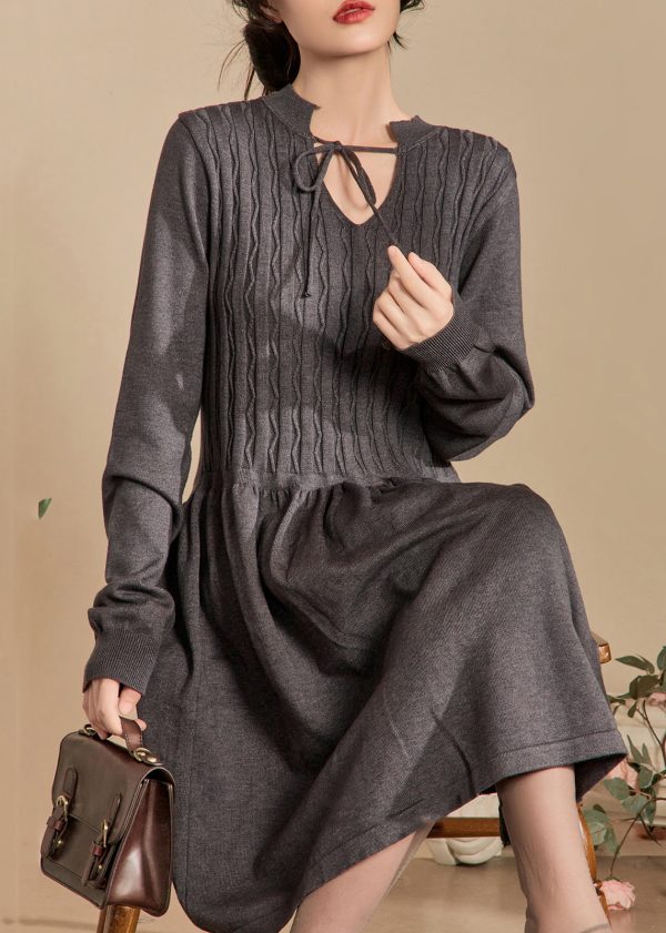Elegant Grey Lace Up Solid Knit Dresses Spring Supply - Image 4