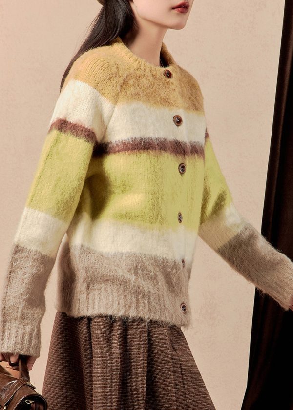 Chic Yellow Striped Button Patchwork Cotton Knit Sweaters Winter Online now - Image 4