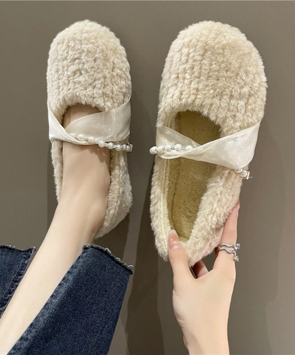 French Apricot Fuzzy Fur Fashion Splicing Flat Shoes For Women Online Sale - Image 2