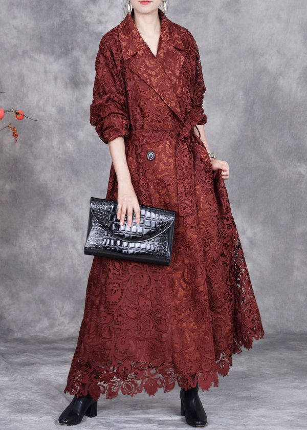 Italian Caramel Hollow Out Tie Waist Lace Long Trench Coat Spring Online - Image 3