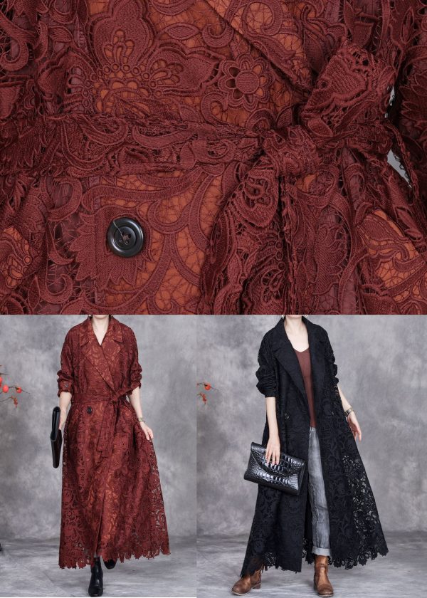 Italian Caramel Hollow Out Tie Waist Lace Long Trench Coat Spring Online - Image 5