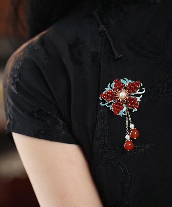 New Red Sterling Silver Overgild Pearl Crystal Tassel Brooches Hot on Sale