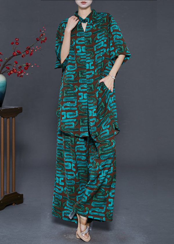 Art Blackish Green Oversized Print Chiffon Two Pieces Set Summer For Cheap - Image 3