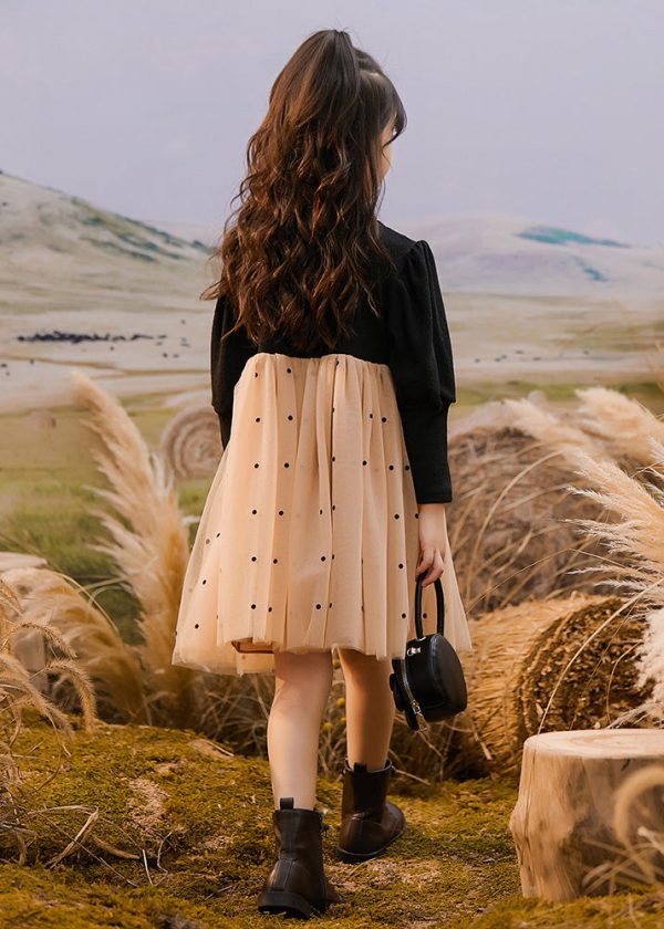 Fashion Colorblock O-Neck Bow Dot Patchwork Tulle Kids Vacation Maxi Dresses Spring Supply - Image 5