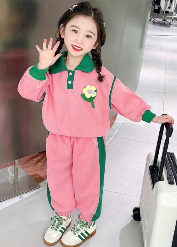 Modern Pink Peter Pan Collar Floral Girls Top And Lantern Pants Two Pieces Set Spring Discount