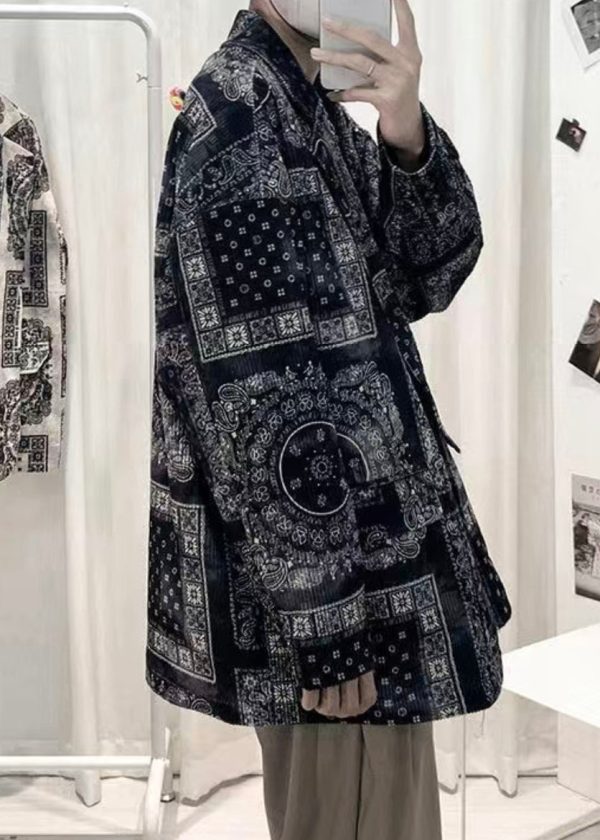 Black Print Pockets Corduroy Men Coat Peter Pan Collar Spring on Sale - Image 5