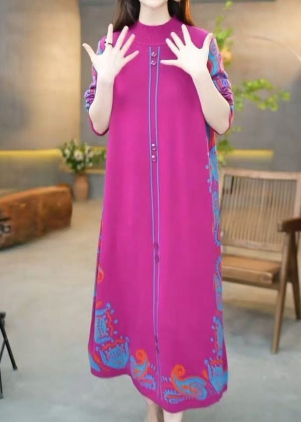 Beautiful Rose O Neck Jacquard Knit Sweater Dress Winter Online Sale - Image 3