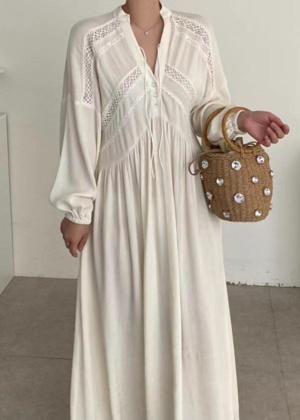 Modern White V Neck Patchwork Lace Maxi Dresses Spring Fashion - Image 4