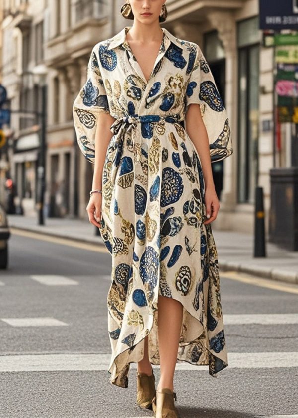 Boutique Apricot Print Tie Waist Cotton Long Dress Summer Sale - Image 3