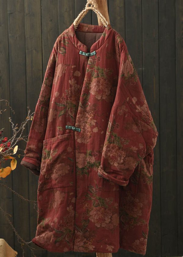 Boho Red Pockets Print Oriental Button Fine Cotton Filled Coat Winter Online Hot Sale