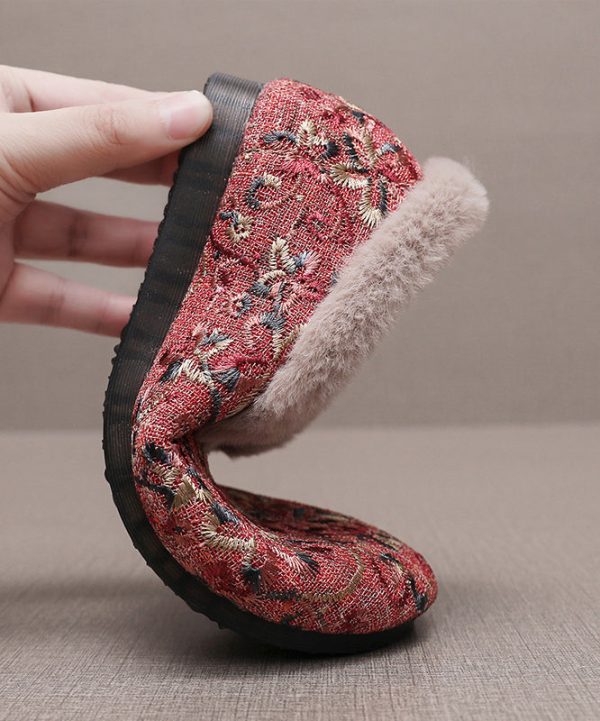 Comfy Beige Embroidery Splicing Flats Fuzzy Wool Lined Online - Image 5