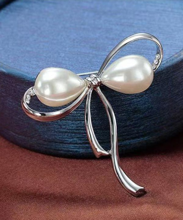 Stylish Silk Stainless Steel Pearl Bow Brooch For Discount - Image 3