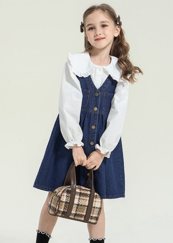 Stylish Peter Pan Collar Button Kids Long Dress And Shirts Two Pieces Set Spring Online Hot Sale