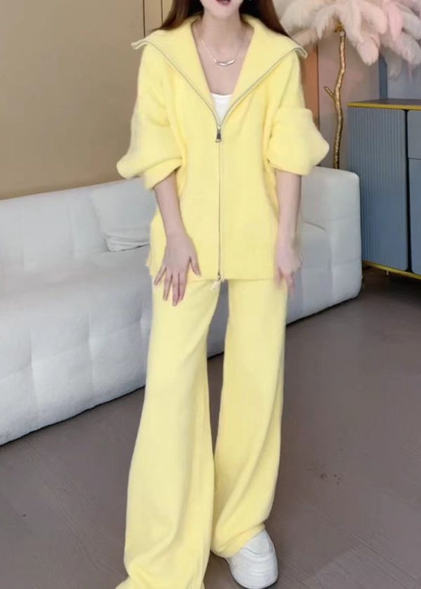 Cute Yellow Zippered Cotton Knit Coats And Wide Leg Pants Two Pieces Set Winter Hot on Sale - Image 2
