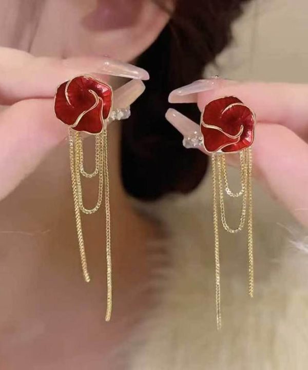 Fashion Black Sterling Silver Overgild Camellia Tassel Drop Earrings For Sale - Image 3