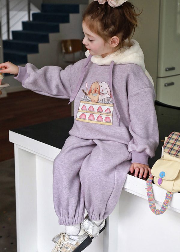 Stylish Purple Patchwork Thick Girls Hooded Sweatshirt And Pants Two Pieces Set Spring Discount - Image 4