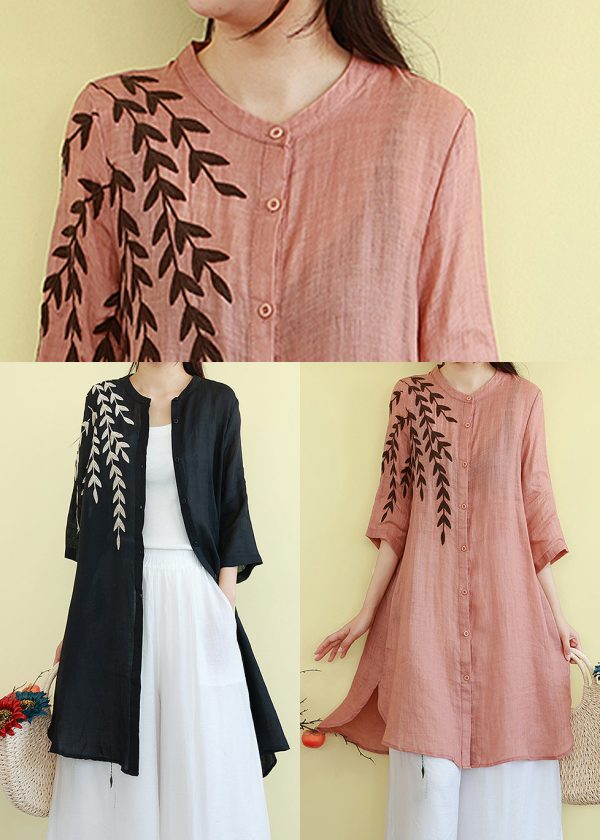 Beautiful Black Embroidered Linen Shirt Dresses Summer Cheap - Image 5