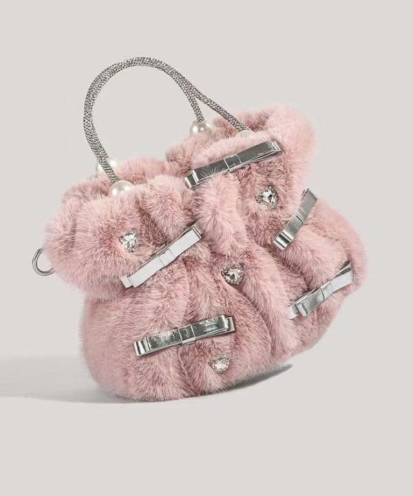 Fashion Pink Bow Zircon Fuzzy Fur Tote Handbag Supply - Image 4