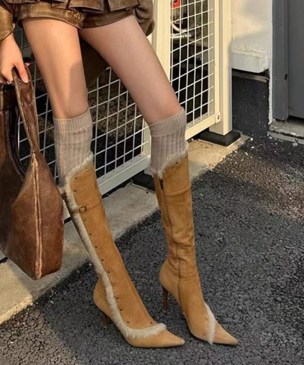 Fine Splicing Stiletto Boots Yellow Suede Fuzzy Wool Lined Pointed Toe For Sale