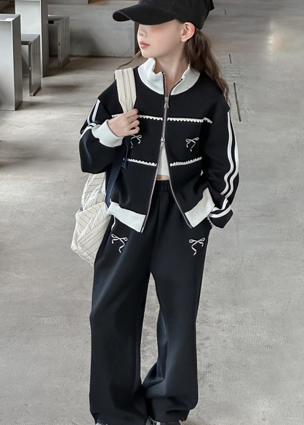 Boutique Grey Stand Collar Patchwork Girls Coats And Wide Leg Pants Two Pieces Sets Spring Online Hot Sale - Image 2