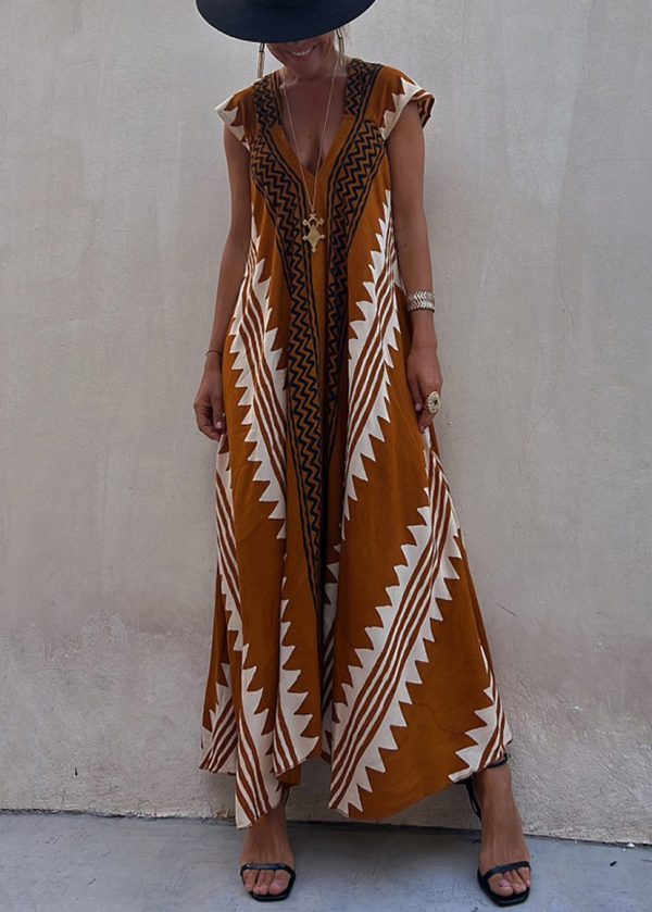 New Coffee Asymmetrical Print Chiffon Long Dresses Summer For Sale