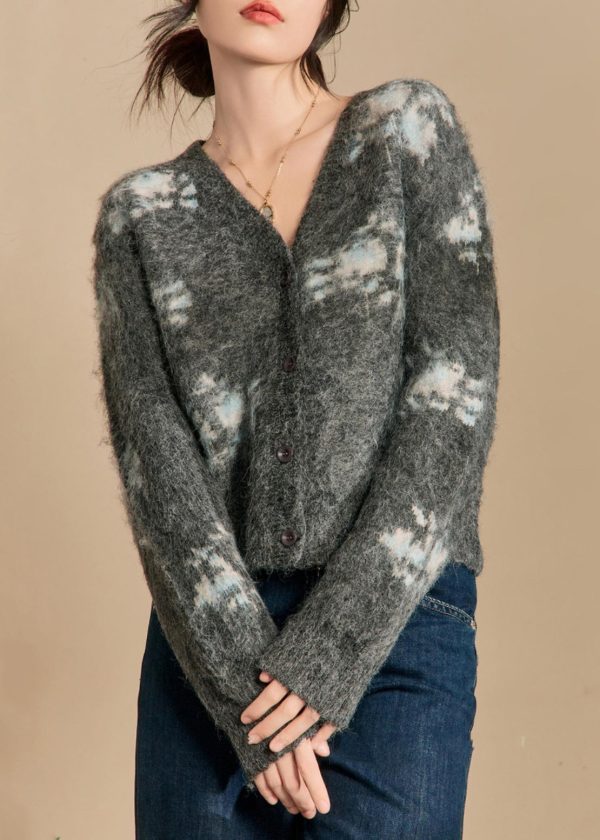 Unique Dark Gray V Neck Button Cotton Knit Sweaters Winter For Cheap - Image 3