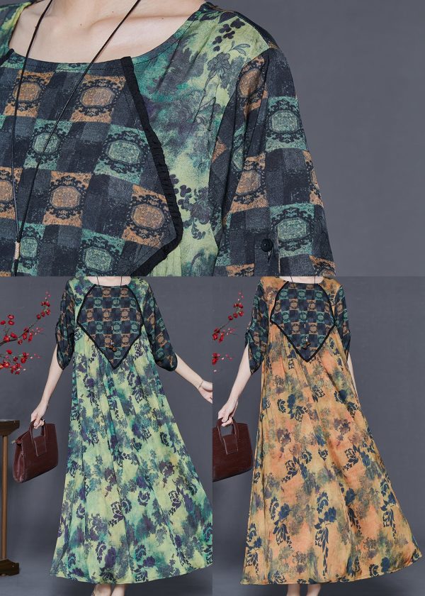 Khaki Print Silk Holiday Dress Oversized Spring Hot on Sale - Image 5