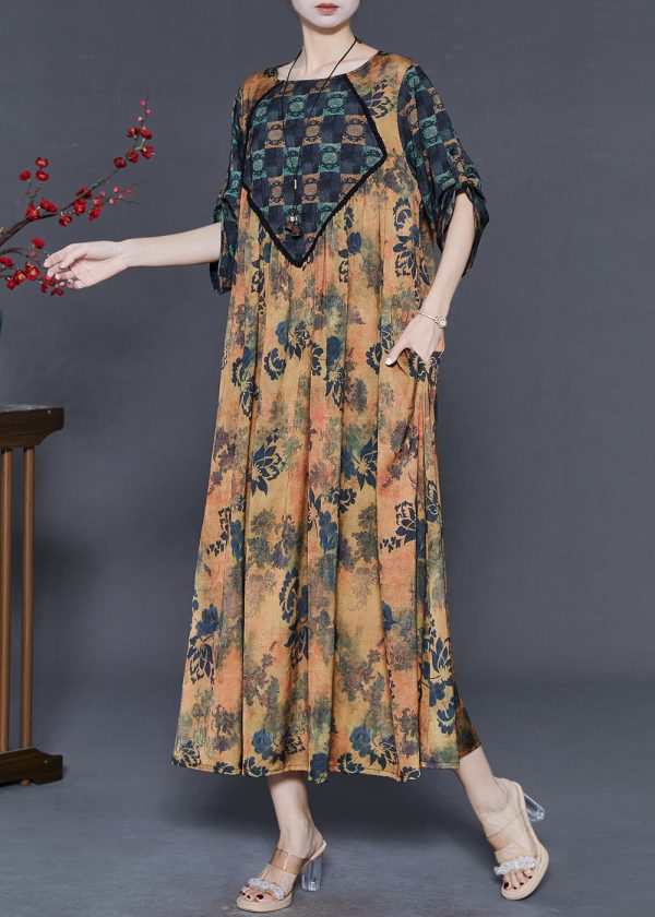 Khaki Print Silk Holiday Dress Oversized Spring Hot on Sale - Image 3