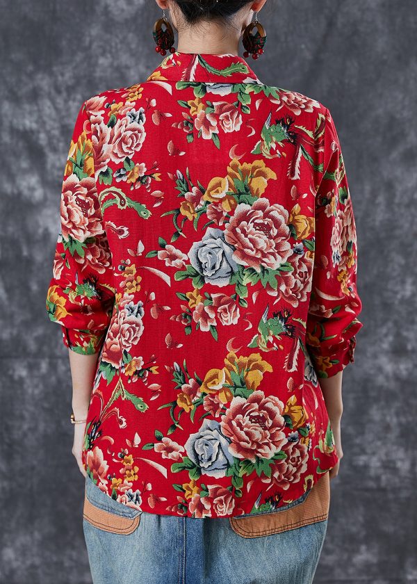 DIY Red Oversized Print Cotton Blouse Top Spring Sale - Image 4