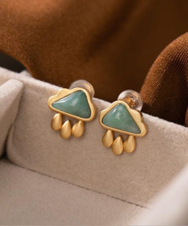 Vogue Green Sterling Silver Overgild Jade Cloud Water Drop Stud Earrings Fashion