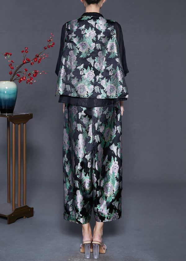 Beautiful Black Oversized Patchwork Silk Two Pieces Set Summer on Sale - Image 4