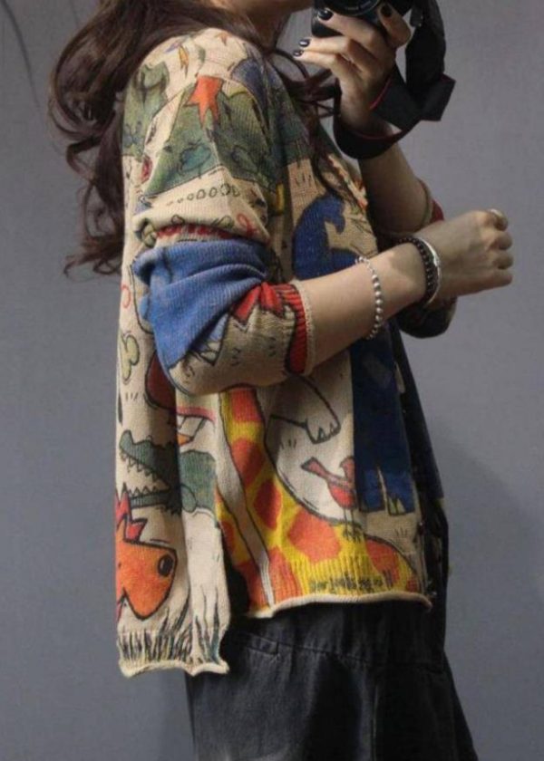 Vintage Coffee V Neck Print Button Knit Cardigan Spring Online Hot Sale - Image 4