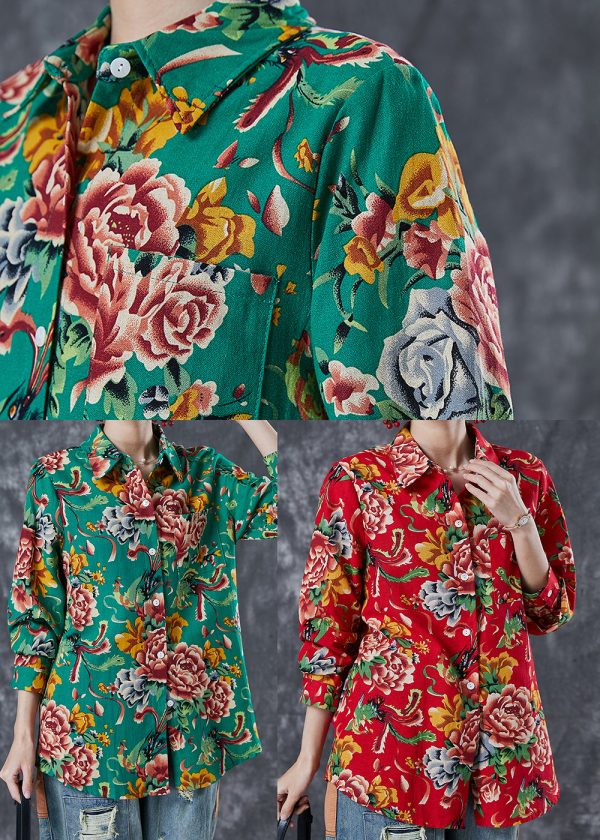 DIY Red Oversized Print Cotton Blouse Top Spring Sale - Image 5