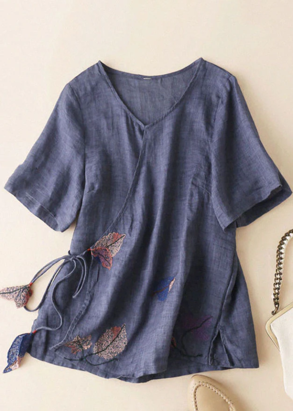 Grace Light Blue V Neck Embroideried Tie Waist Cotton Linen Top Short Sleeve Supply - Image 5