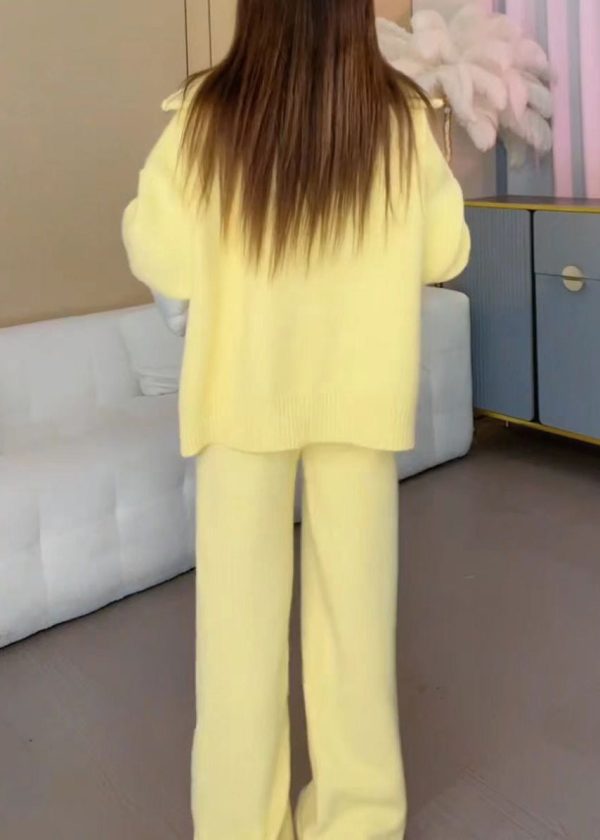 Cute Yellow Zippered Cotton Knit Coats And Wide Leg Pants Two Pieces Set Winter Hot on Sale - Image 5