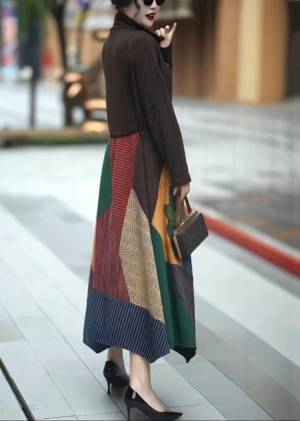 Bohemian Coffee Turtleneck Tie Waist Patchwork Long Dress Winter Online Hot Sale - Image 5