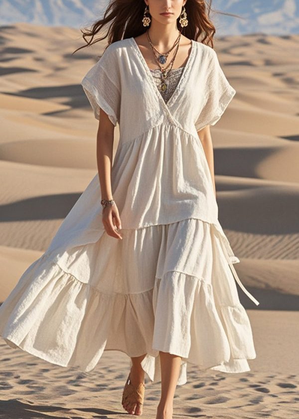 Stylish White V Neck Patchwork Exra Large Hem Cotton Maxi Dresses Summer Online now - Image 5